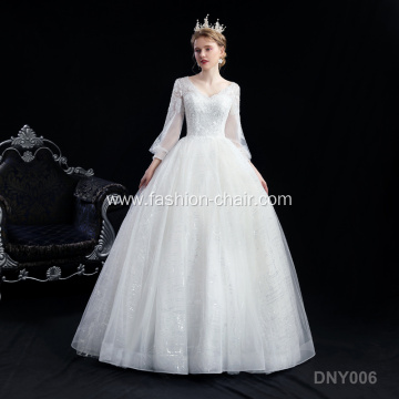 new elegant bride long sleeve v-neck lace applique long sleeve brides tull white elegant long train wedding dress